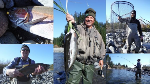 UPDATE THURSDAY 30th JULY: Paul in the center with two of six landed in the Upper river this morning and Brian with son Steve from the Bridge Motel with a few from the Fan and Boulder Reach.